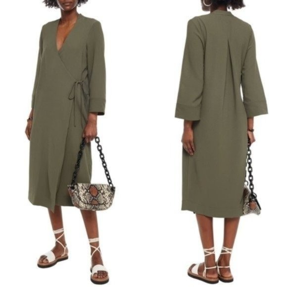 Ganni Dresses & Skirts - Ganni Heavy Crepe Army Green Tie Waist Wrap Midi Dress Size 36